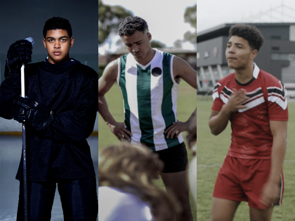 three images, first is a hockey player man, second is a rugby athlete standing, third is rugby player pounding his chest